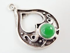 Teardrop Pendant with Green Glass Accent - Matte Silver plated - 1pc
