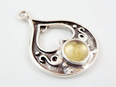 Teardrop Pendant with Yellow Frosted Glass Accent - Matte Silver plated - 1pc