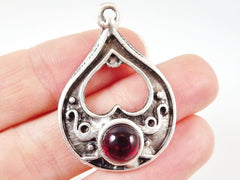 Teardrop Pendant with Red Glass Accent - Matte Silver plated - 1pc