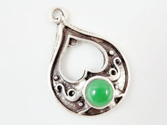 Teardrop Pendant with Green Glass Accent - Matte Silver plated - 1pc