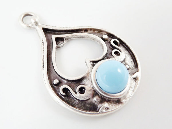 Teardrop Pendant with Pale Blue Glass Accent - Matte Silver plated - 1pc