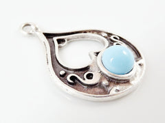 Teardrop Pendant with Pale Blue Glass Accent - Matte Silver plated - 1pc