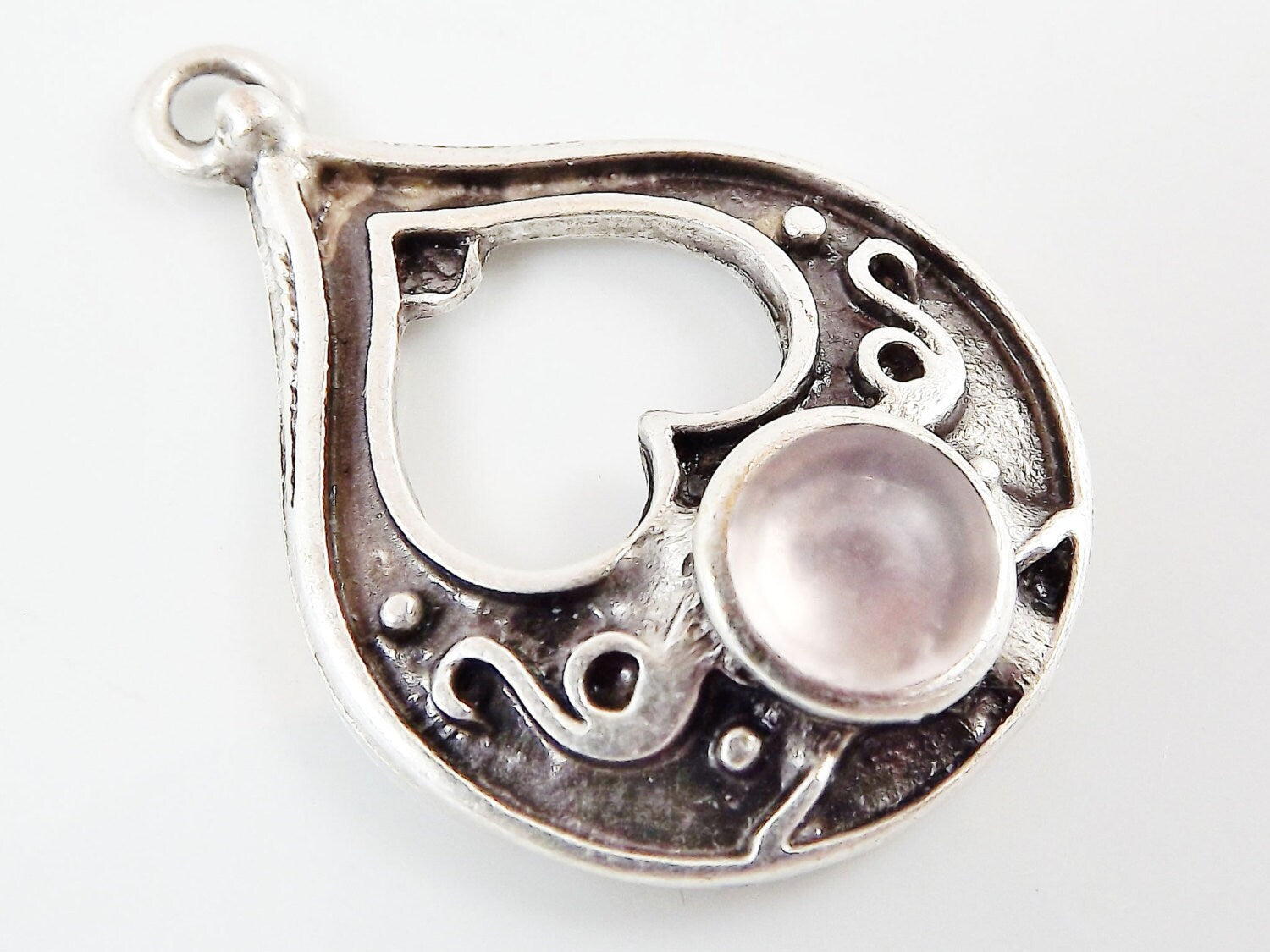 Teardrop Pendant with Soft Pink Frosted Glass Accent - Matte Silver plated - 1pc