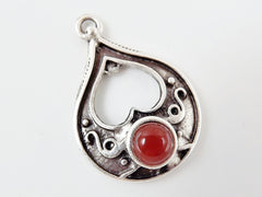 Teardrop Pendant with Pompeian Red Glass Accent - Matte Silver plated - 1pc