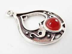 Teardrop Pendant with Pompeian Red Glass Accent - Matte Silver plated - 1pc