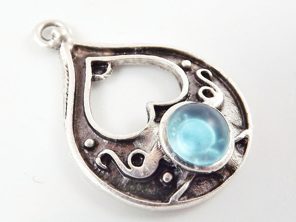 Teardrop Pendant with Ice Blue Frosted Glass Accent - Matte Silver plated - 1pc