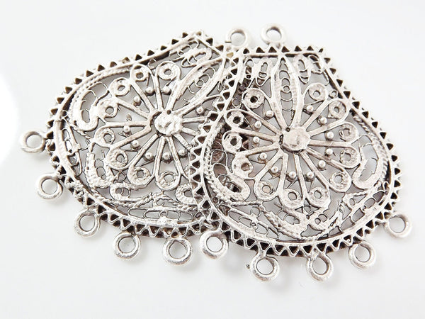 2 Large Exotic Filigree Chandelier Earring Component Pendant - 5 Loops Rings - Matte Silver Plated