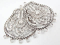 2 Large Exotic Filigree Chandelier Earring Component Pendant - 5 Loops Rings - Matte Silver Plated