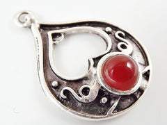 Teardrop Pendant with Pompeian Red Glass Accent - Matte Silver plated - 1pc