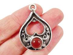 Teardrop Pendant with Pompeian Red Glass Accent - Matte Silver plated - 1pc