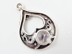 Teardrop Pendant with Clear Frosted Glass Accent - Matte Silver plated - 1pc