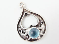 Teardrop Pendant with Ice Blue Frosted Glass Accent - Matte Silver plated - 1pc