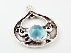 Teardrop Pendant with Ice Blue Frosted Glass Accent - Matte Silver plated - 1pc