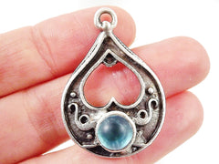 Teardrop Pendant with Ice Blue Frosted Glass Accent - Matte Silver plated - 1pc