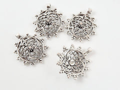 4 Intricate Medallion Charms -  Matte Silver Plated