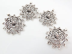 4 Intricate Medallion Charms -  Matte Silver Plated