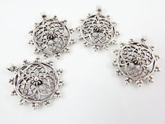 4 Intricate Medallion Charms -  Matte Silver Plated
