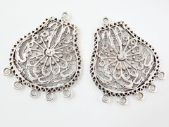 2 Large Exotic Filigree Chandelier Earring Component Pendant - 5 Loops Rings - Matte Silver Plated