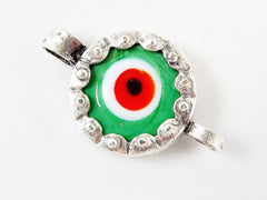 Irish Green Evil Eye Round Glass Connector Pendant - Silver Plated 1pc