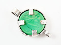 Irish Green Evil Eye Round Glass Connector Pendant - Silver Plated 1pc