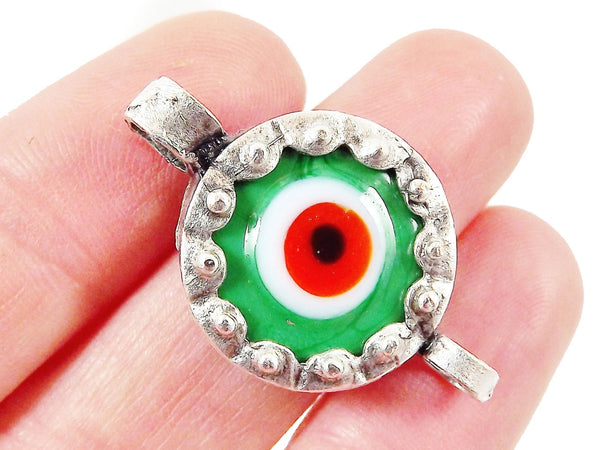 Irish Green Evil Eye Round Glass Connector Pendant - Silver Plated 1pc