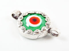 Irish Green Evil Eye Round Glass Connector Pendant - Silver Plated 1pc