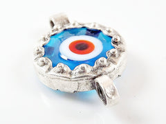 Translucent Blue Evil Eye Round Glass Connector Pendant - Silver Plated 1pc