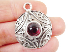 Round Dome Tribal Pendant with Red Glass Accent - Matte Silver plated - 1pc