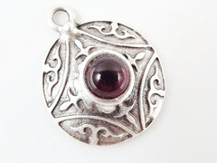 Round Dome Tribal Pendant with Red Glass Accent - Matte Silver plated - 1pc