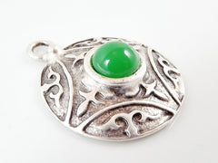 Round Dome Tribal Pendant with Green Glass Accent - Matte Silver plated - 1pc