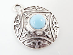 Round Dome Tribal Pendant with Pale Blue Glass Accent - Matte Silver plated - 1pc