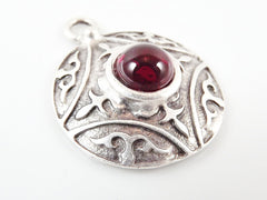 Round Dome Tribal Pendant with Red Glass Accent - Matte Silver plated - 1pc