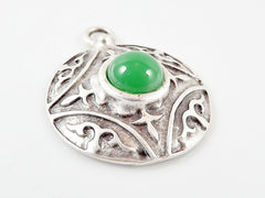 Round Dome Tribal Pendant with Green Glass Accent - Matte Silver plated - 1pc