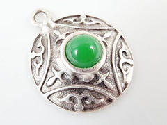 Round Dome Tribal Pendant with Green Glass Accent - Matte Silver plated - 1pc