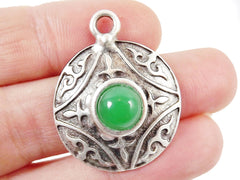 Round Dome Tribal Pendant with Green Glass Accent - Matte Silver plated - 1pc