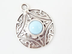 Round Dome Tribal Pendant with Pale Blue Glass Accent - Matte Silver plated - 1pc