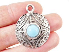 Round Dome Tribal Pendant with Pale Blue Glass Accent - Matte Silver plated - 1pc