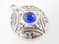 Round Dome Tribal Pendant with Blue Glass Accent - Matte Silver plated - 1pc