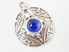 Round Dome Tribal Pendant with Blue Glass Accent - Matte Silver plated - 1pc