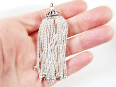 Long Crystal Clear Silver Foil Lined Beaded Tassel - Matte Silver Plated Brass - 1PC