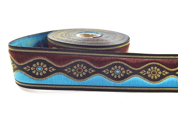 Blue Brown Wave Daisy Motif Woven Embroidered Jacquard Trim Ribbon - 1 Meter  or 3.3 Feet or 1.09 Yards