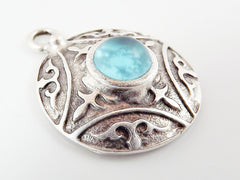 Round Dome Tribal Pendant with Ice Blue Glass Accent - Matte Silver plated - 1pc