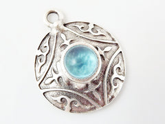 Round Dome Tribal Pendant with Ice Blue Glass Accent - Matte Silver plated - 1pc