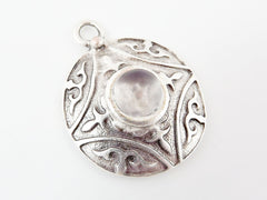 Round Dome Tribal Pendant with Clear Glass Accent - Matte Silver plated - 1pc