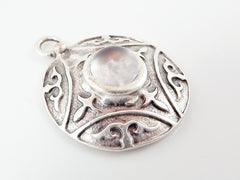 Round Dome Tribal Pendant with Clear Glass Accent - Matte Silver plated - 1pc