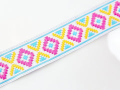 Pink Blue & Yellow Geometric Woven Embroidered Jacquard Trim Ribbon - 1 Meter  or 3.3 Feet or 1.09 Yards