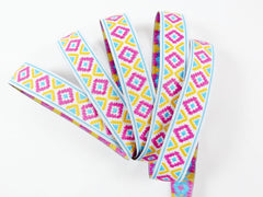 Pink Blue & Yellow Geometric Woven Embroidered Jacquard Trim Ribbon - 1 Meter  or 3.3 Feet or 1.09 Yards