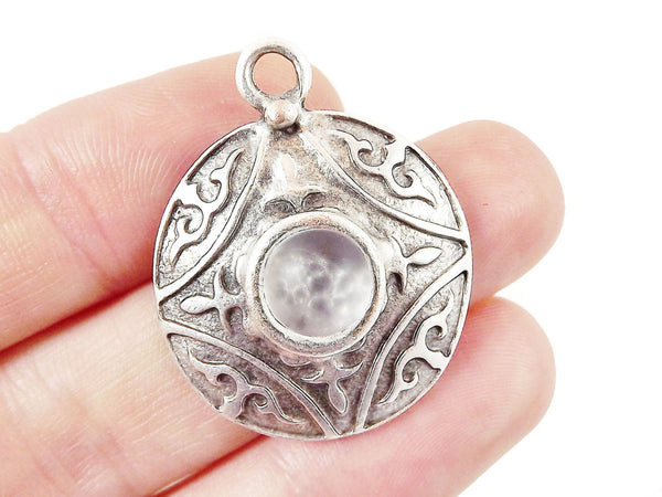 Round Dome Tribal Pendant with Clear Glass Accent - Matte Silver plated - 1pc