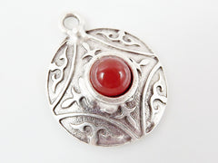 Round Dome Tribal Pendant with Pompeian Red Glass Accent - Matte Silver plated - 1pc