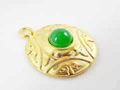 Round Dome Tribal Pendant with Green Glass Accent - 22k Matte Gold plated - 1pc